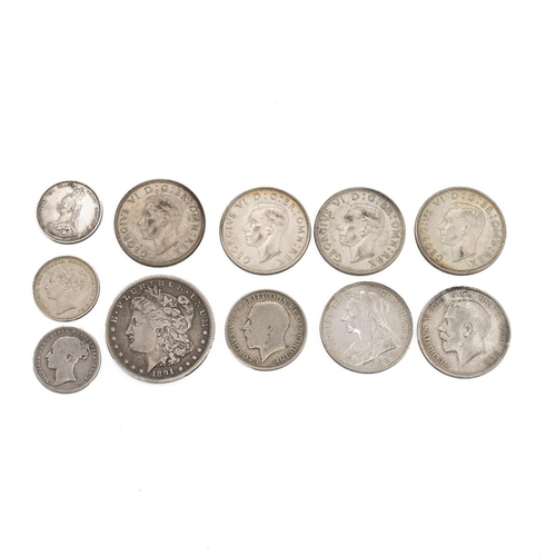 106 - Victorian and other British silver coinage and a US silver dollar 1891 - total weight 138 grams gros... 