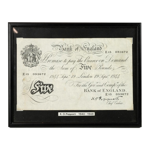 108 - 1944 white £5 note, framed and glazed, signed K.O.Peppiatt Chief Cashier, registration E15 093672.