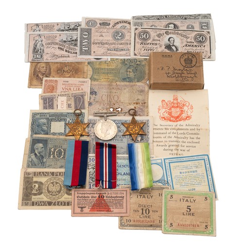 114 - Three WWII Medals and small collection of world banknotes.