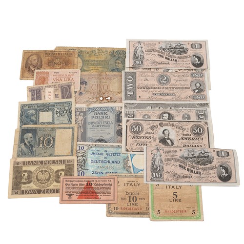 114 - Three WWII Medals and small collection of world banknotes.