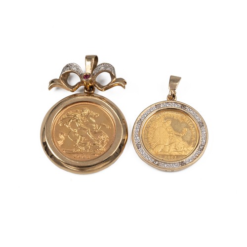 118 - 9ct gold mounted half sovereign, 2000, along with 9ct gold mounted tenth-ounce gold Britannia, along... 