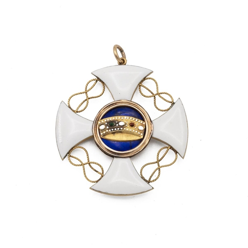 122 - Italy Order of Crown medal, 18ct gold and enamel, Officer class, Victor Emanuel III, diameter 5cm.