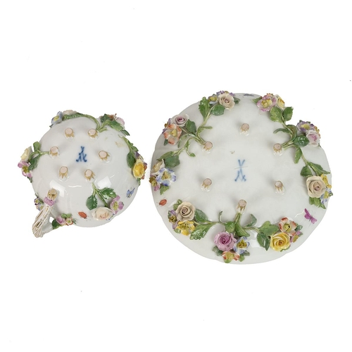 129 - Two Meissen Floral Encrusted Tea Cups & Saucer hand painted with flowers and bugs blue cross swo... 