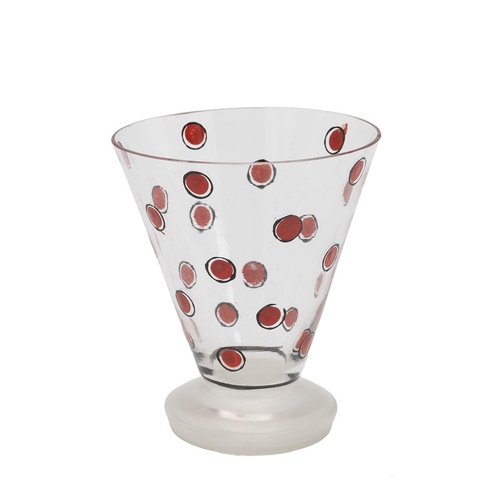 130 - Art Deco liquor/cocktail glass of flared form, decorated with red spots, standing on an etched circu... 