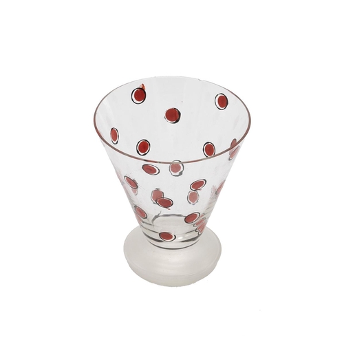 130 - Art Deco liquor/cocktail glass of flared form, decorated with red spots, standing on an etched circu... 