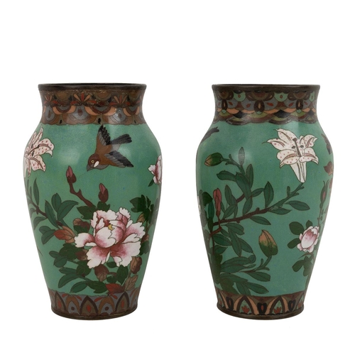 133 - Oriental cloisonne - a pair of baluster form vases decorated with sparrows, butterflies, peonies and... 