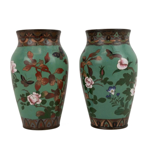 133 - Oriental cloisonne - a pair of baluster form vases decorated with sparrows, butterflies, peonies and... 