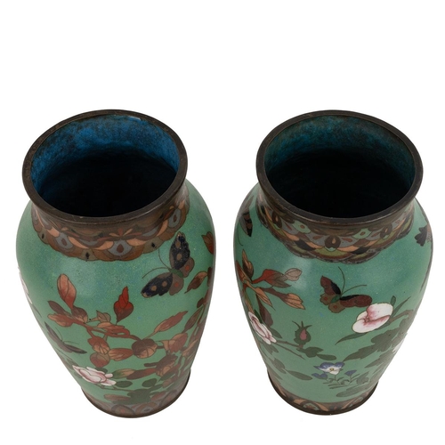 133 - Oriental cloisonne - a pair of baluster form vases decorated with sparrows, butterflies, peonies and... 