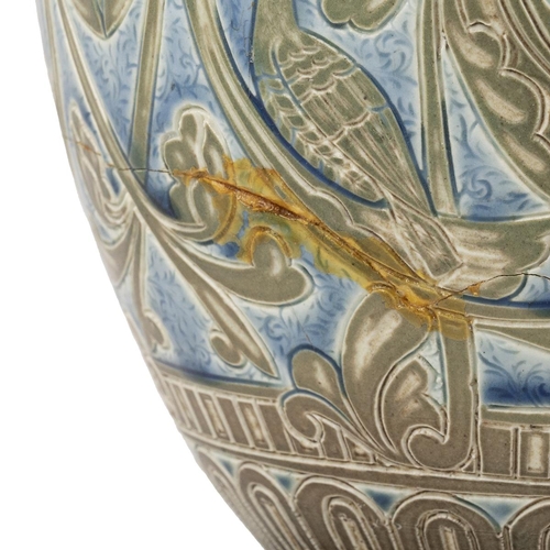 134 - Mark V Marshall for Doulton Lambeth large (H 26.5cm) baluster form vase incised and glazed pattern i... 