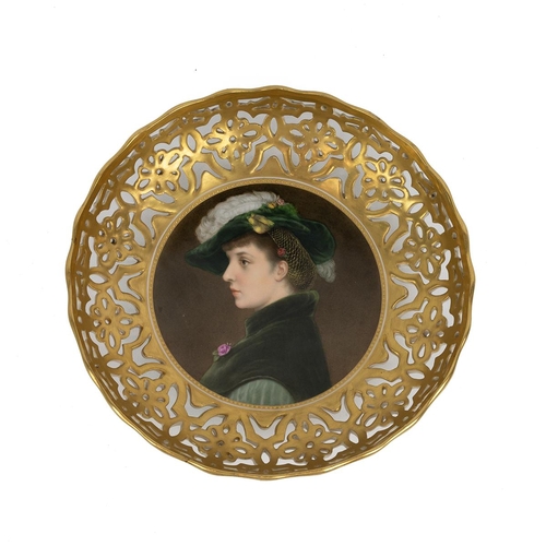 138 - Royal Vienna hand-painted pierced & gilt bowl portrait of a young woman.