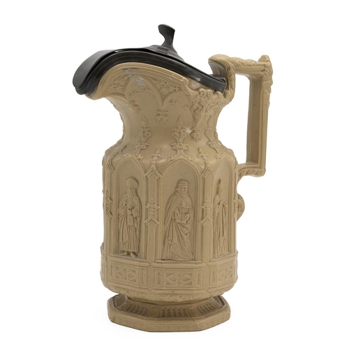 148 - Charles Meigh 'Apostles' pattern relief moulded Victorian stoneware jug with hinged pewter lid. Good... 