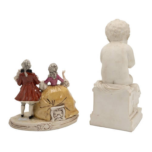 170 - Parian figure of seated boy writing on a tablet H27cm and a Capodimonte group depicting 18th century... 