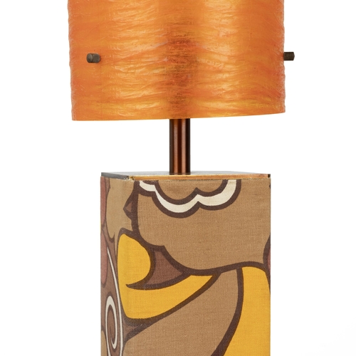 185 - Mid-century/vintage lamp, with an orange fibre glass shade, standing on a fabric-covered base, 58cm ... 