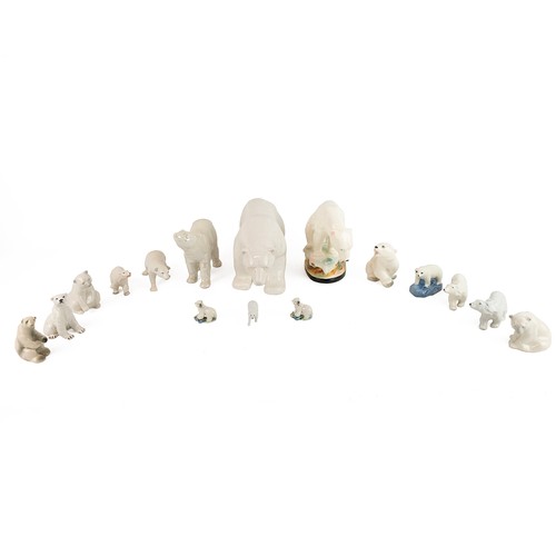 190 - Collection of 16 ceramic polar bears - no makers marks - largest H 17cm, L 40cm. (16)