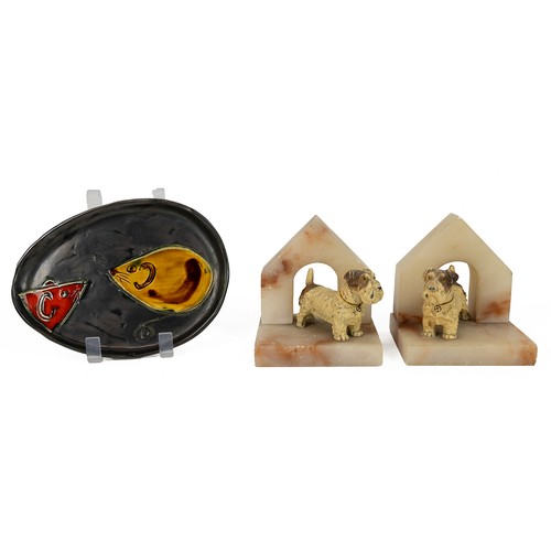 210 - Pair of vintage bookends - cold painted metal terrier dogs in marble kennels (12cm x 10cm x 11cm) an... 