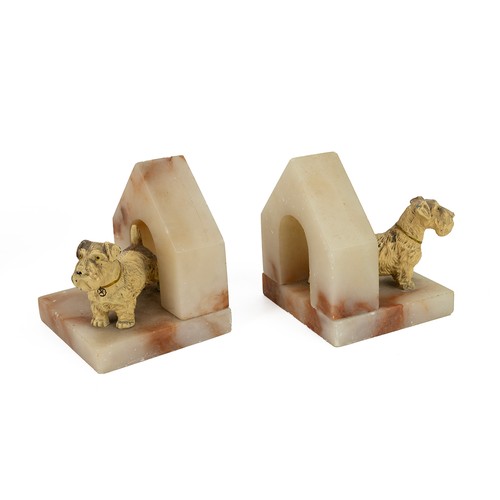 210 - Pair of vintage bookends - cold painted metal terrier dogs in marble kennels (12cm x 10cm x 11cm) an... 