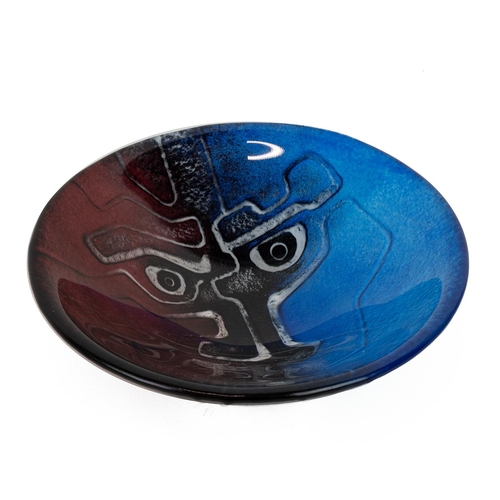 219 - Mats Jonasson, Maleras, Sweden - lead crystal studio glass bowl in blue and red, reverse cut pattern... 