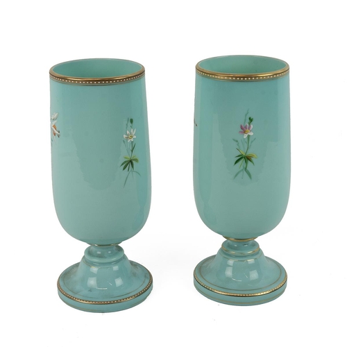 220 - Pair of 19th Century Bohemian enamelled robin egg blue glass pedestal vases decorated with flowers a... 