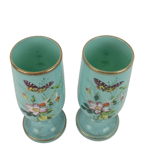 220 - Pair of 19th Century Bohemian enamelled robin egg blue glass pedestal vases decorated with flowers a... 