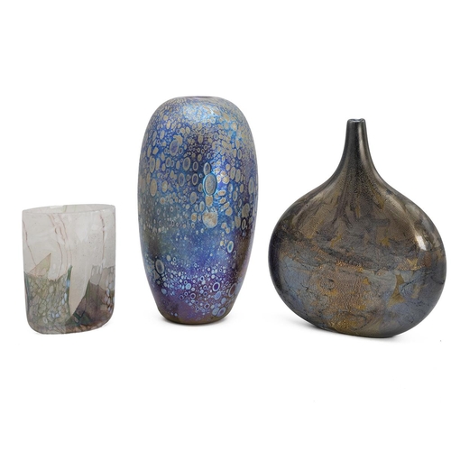 226 - Three iridescent glass vases, one with paper label for Isle of Wight and the other two unsigned. Tal... 