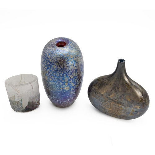 226 - Three iridescent glass vases, one with paper label for Isle of Wight and the other two unsigned. Tal... 