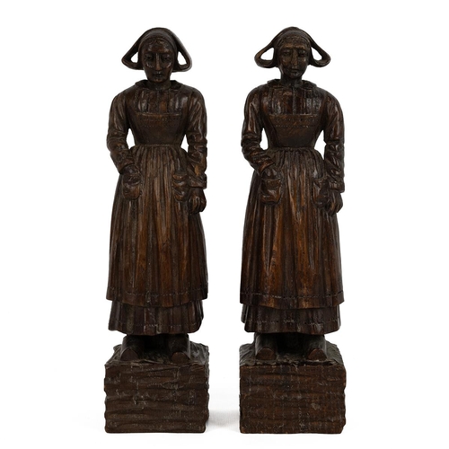 244 - Pair of 19th Century Dutch carved oak figures of females in traditional dress. Each W 6cm, D 6cm, H ... 