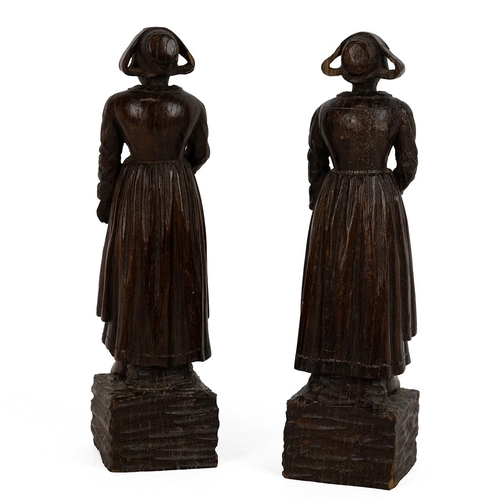 244 - Pair of 19th Century Dutch carved oak figures of females in traditional dress. Each W 6cm, D 6cm, H ... 