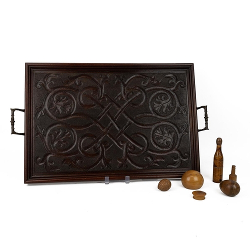 246 - Hand carved Arts & Crafts wooden tray, Celtic entwined-vines design, raised edge, cast brass han... 