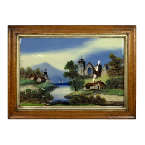 292 - Vintage Reverse painting on glass, Sea Scape windmill, church and boats unsigned 60cm x 39.5cm.