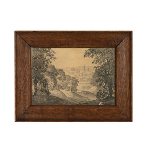 293 - Unsigned but accomplished pen and ink sketch of Oxford, dated May 1833, from a wooded hill. Framed a... 