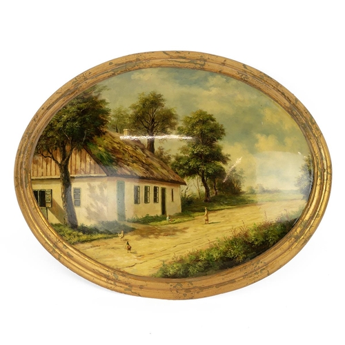 294 - Oval convex oil on wood rustic scene of figures and chickens at a roadside cottage no signature, dat... 