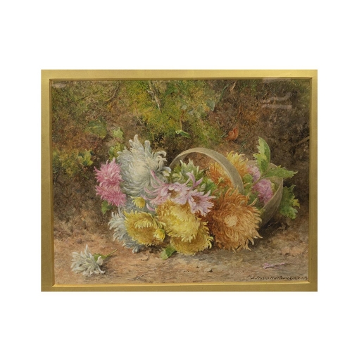 300 - John Jessop Hardwick ARWS (1831-1917) still life of chrysanthemums in a basket in garden setting, si... 