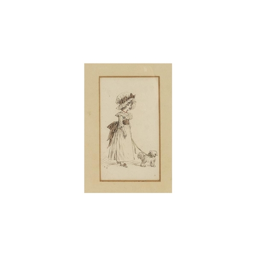 307 - Kate Greenaway (attrib) pen and ink with aquatint sketch of a young lady in bonnet and bowed dress w... 