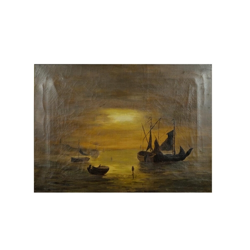 311 - 19th century oil on canvas European school Seascape Boats at sunset unsigned, 60cm x 44.5cm