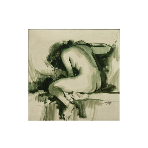 312 - Aaron Miles Charcoal & pastle, reclining nude, Back View. A large acrylic study of a nude curled... 