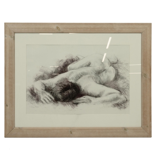 312 - Aaron Miles Charcoal & pastle, reclining nude, Back View. A large acrylic study of a nude curled... 