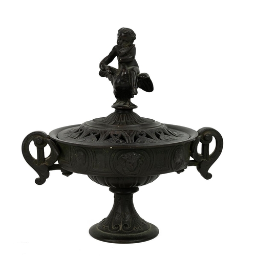 321 - Regency bronze censer in the form of a lidded two handled cup, the finial in the form of a Child and... 