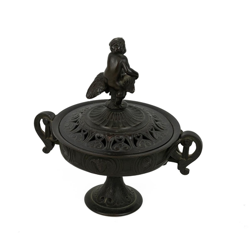 321 - Regency bronze censer in the form of a lidded two handled cup, the finial in the form of a Child and... 