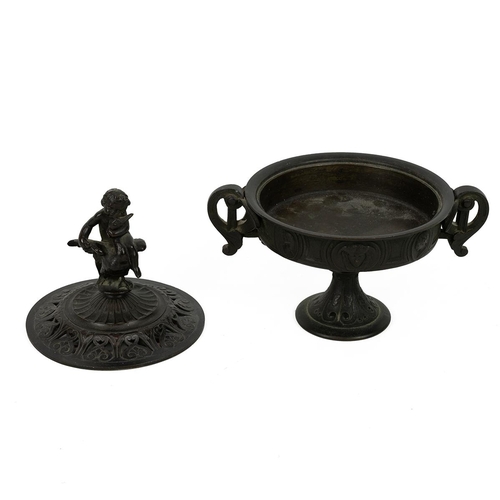 321 - Regency bronze censer in the form of a lidded two handled cup, the finial in the form of a Child and... 