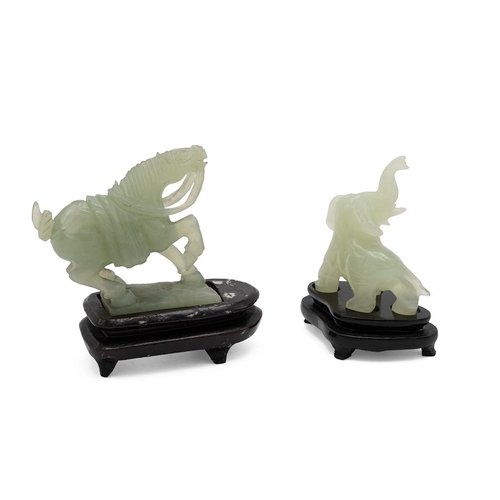 323 - Jade figure of an elephant and a horse, two carved figures both with wooden bases, H8cm