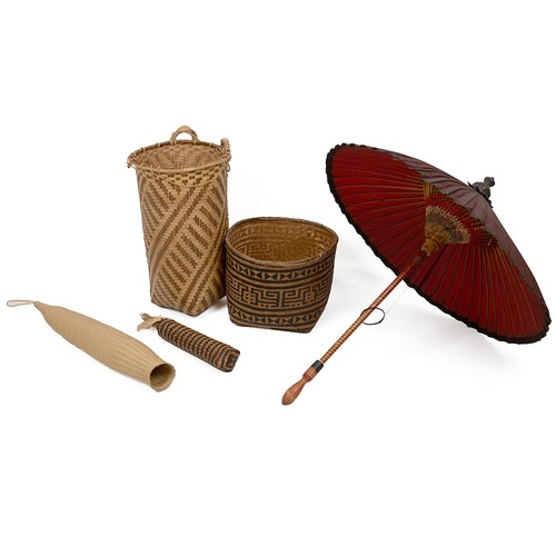 325 - Burmese wooden, bamboo, basketwork and oil cloth umbrella (L 92cm), 2 x Tibetan men's hair pins (eac... 