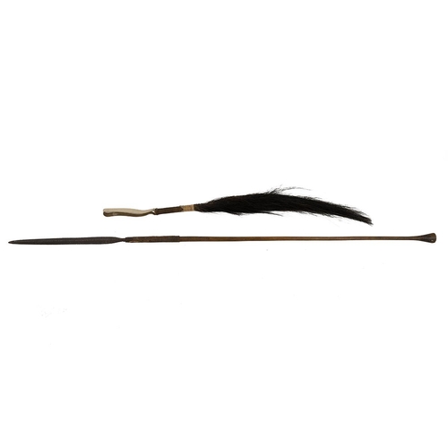 326 - African Asegai (L 136cm) and Zebra/Horse tail fly whisk with leather hand strap (L 90cm maximum) - l... 