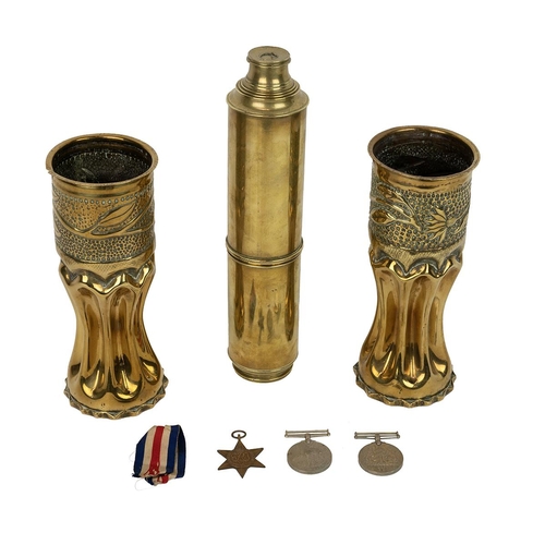 342 - Military interest - naval brass three draw telescope, no maker mark; WW1 trench art shells x2, Germa... 