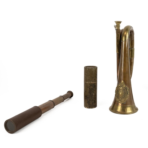 351 - Military Interest group- WW1 German ammo pouch dated 1914; copper and brass bugle with brass Argyll ... 