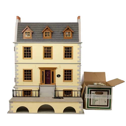 377 - Large wooden dolls house and contents. Modelled as a Georgian town house, 4 storeys, front opens to ... 