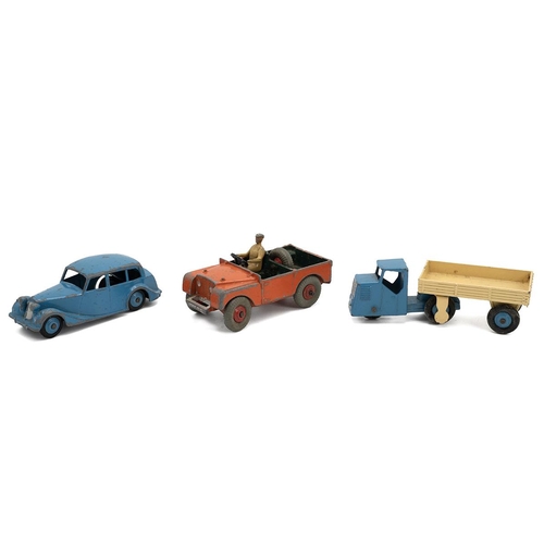 379 - Dinky Toys- Boxed triumph 151; Land-Rover 340; Mechanical horse and open wagon 415; and an empty lan... 