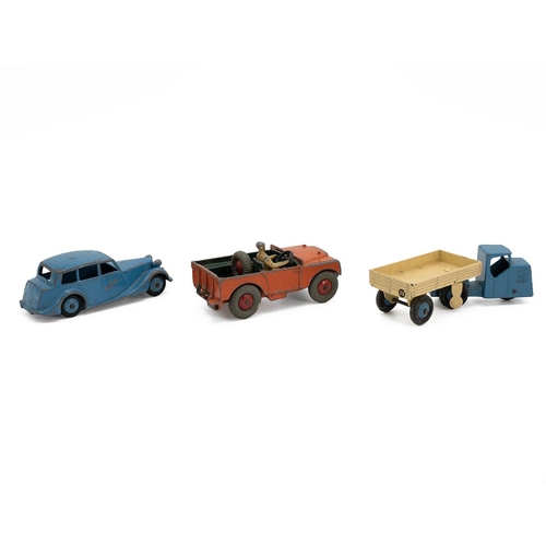 379 - Dinky Toys- Boxed triumph 151; Land-Rover 340; Mechanical horse and open wagon 415; and an empty lan... 