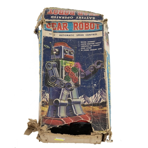 381 - Boxed vintage Gear Robot with automatic speed control, battery operated, painted tin, as found.