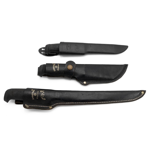 392 - Three Finnish Marttiini fishing/hunting knives, each with a leather scabbard.