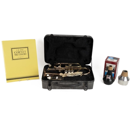 411 - 'Gear for Music' Cornet, Mutes x2 and book. Together in hard shell case.